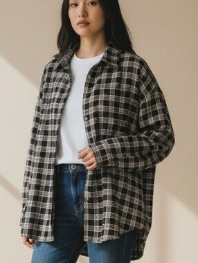 Loose Fit Cotton Plaid Button-Up Shirt